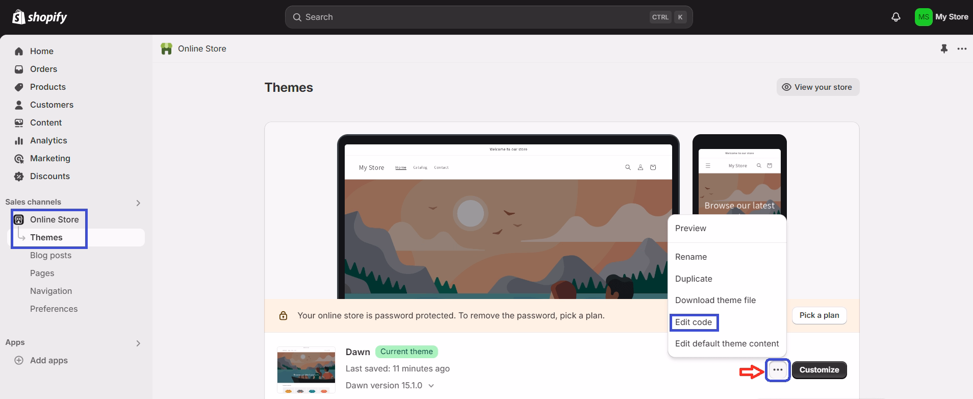 go to Online Store > Themes, click the … icon next to your active theme, and select Edit Code